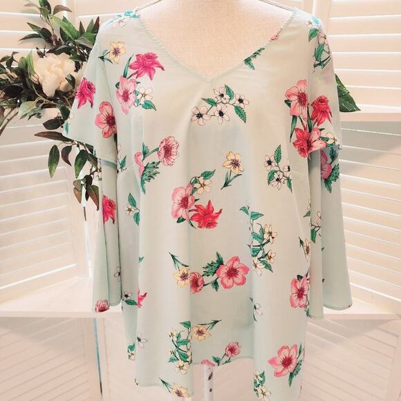 LANE BRYANT MINT GREEN/PINK FLORAL WITH RUFFLE SLEEVE BLOUSE SIZE 14/16 - Picture 1 of 6